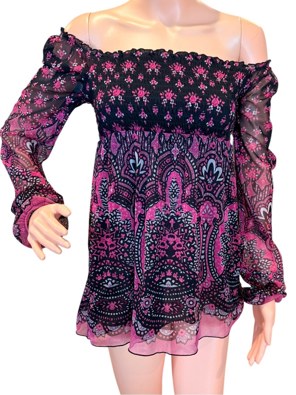 INC Y2K Top Off the Shoulder Sheer Floral Smocked Bodice Blouse Pink Black Small